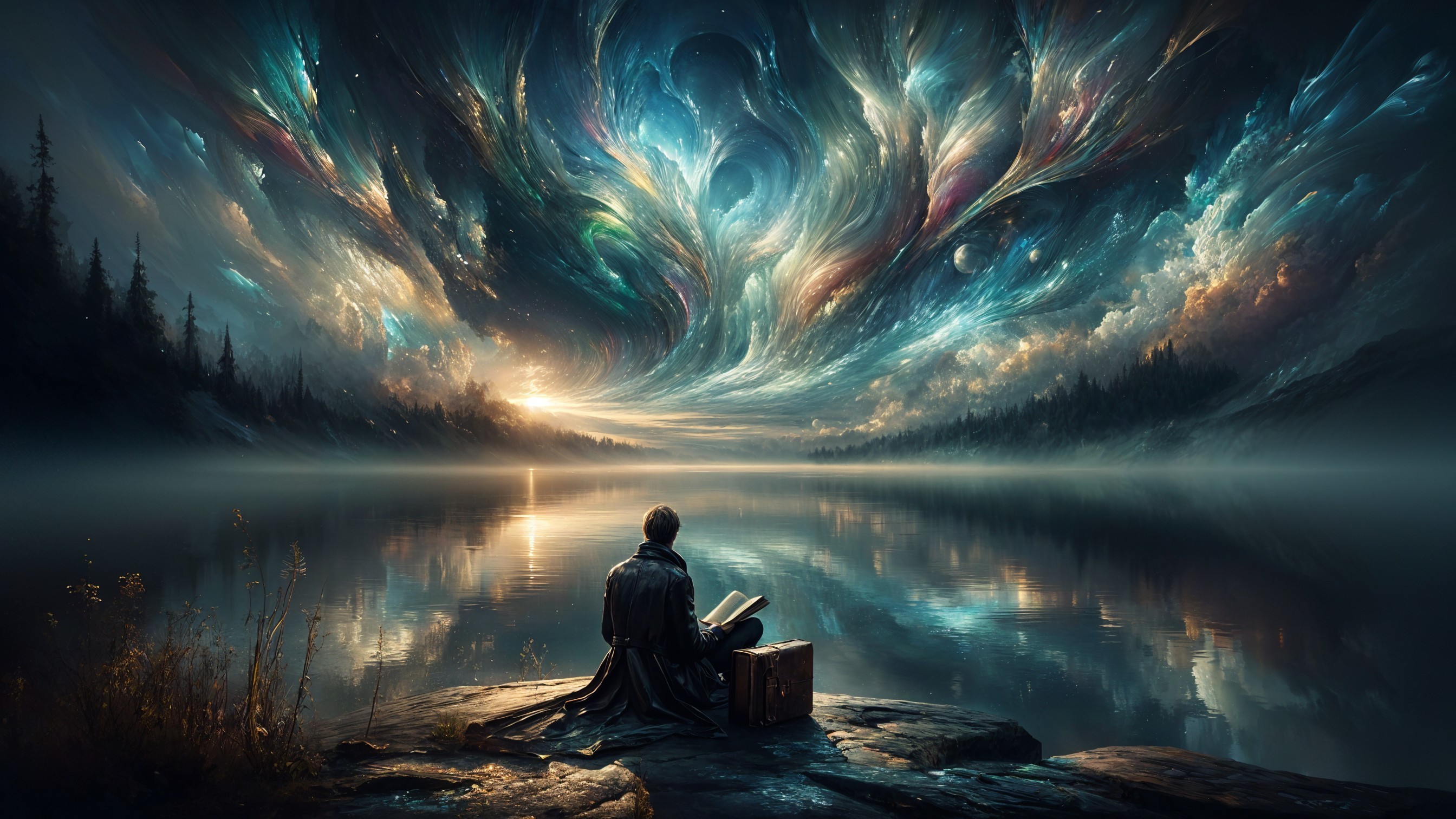 Figure Reading by a Lake Under Cosmic Skies