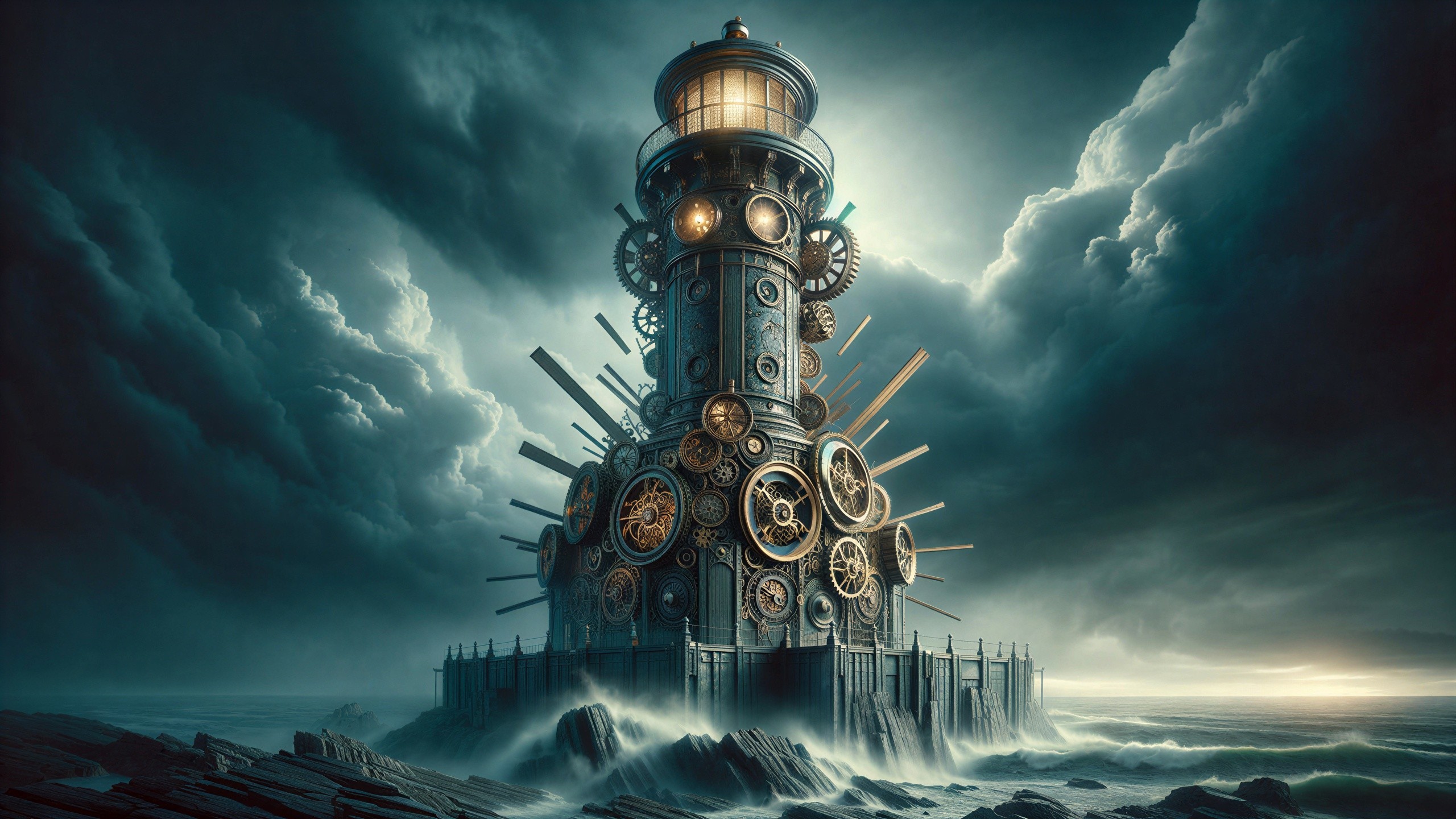 Steampunk Lighthouse on Rocky Shore Amid Stormy Sea