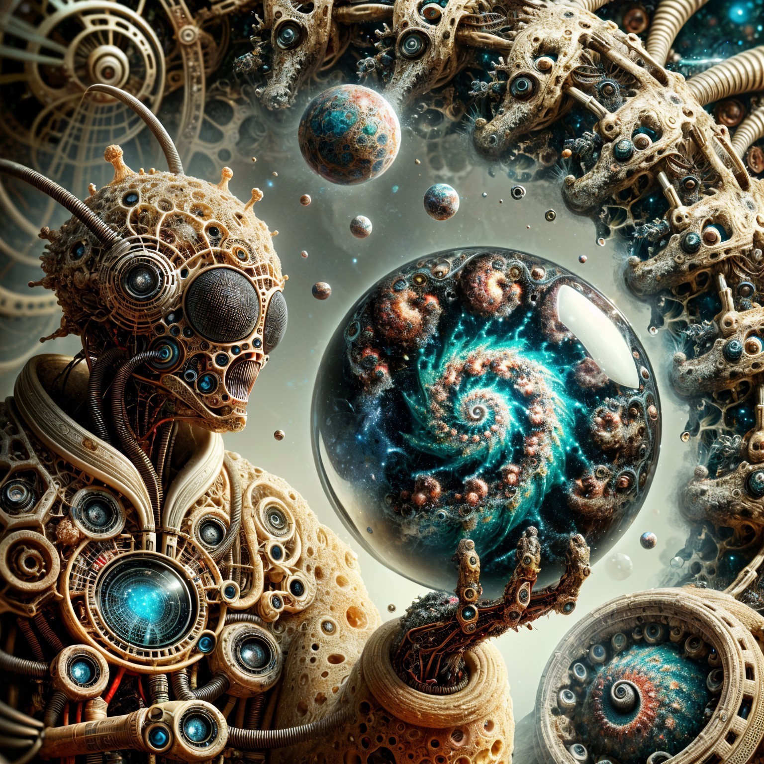 Surreal Robot Figure with Cosmic Sphere and Celestial Bodies