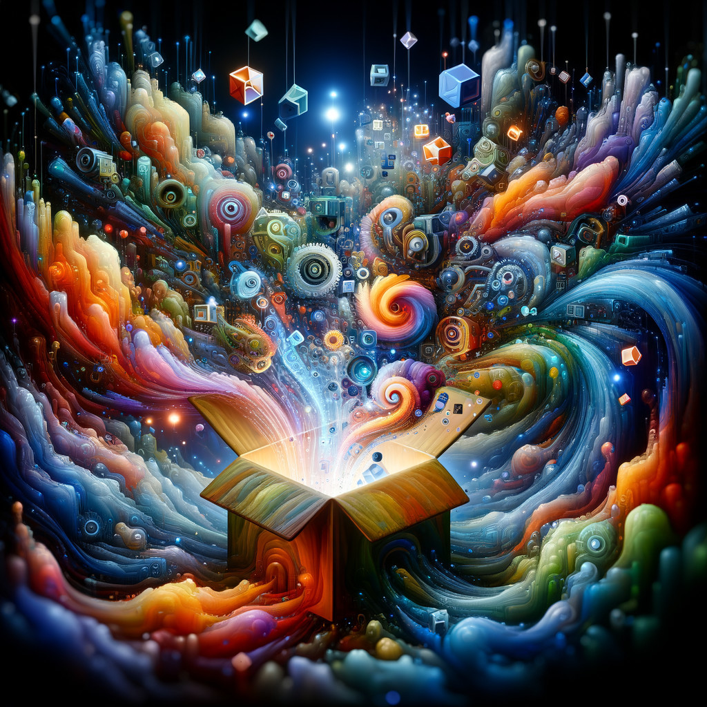 Open box with colorful abstract shapes and patterns