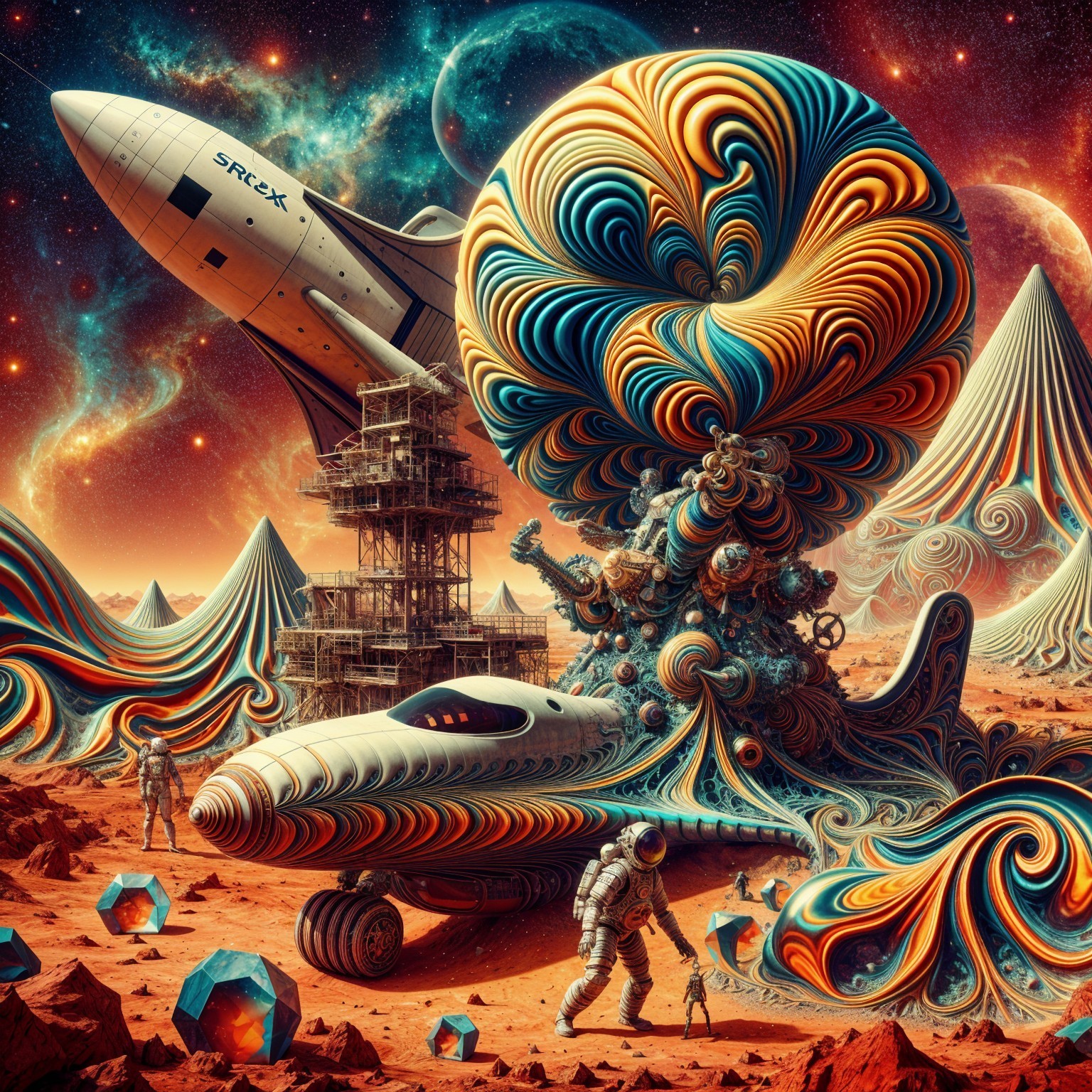 Psychedelic Sci-Fi Landscape with Space Shuttle and Astronauts