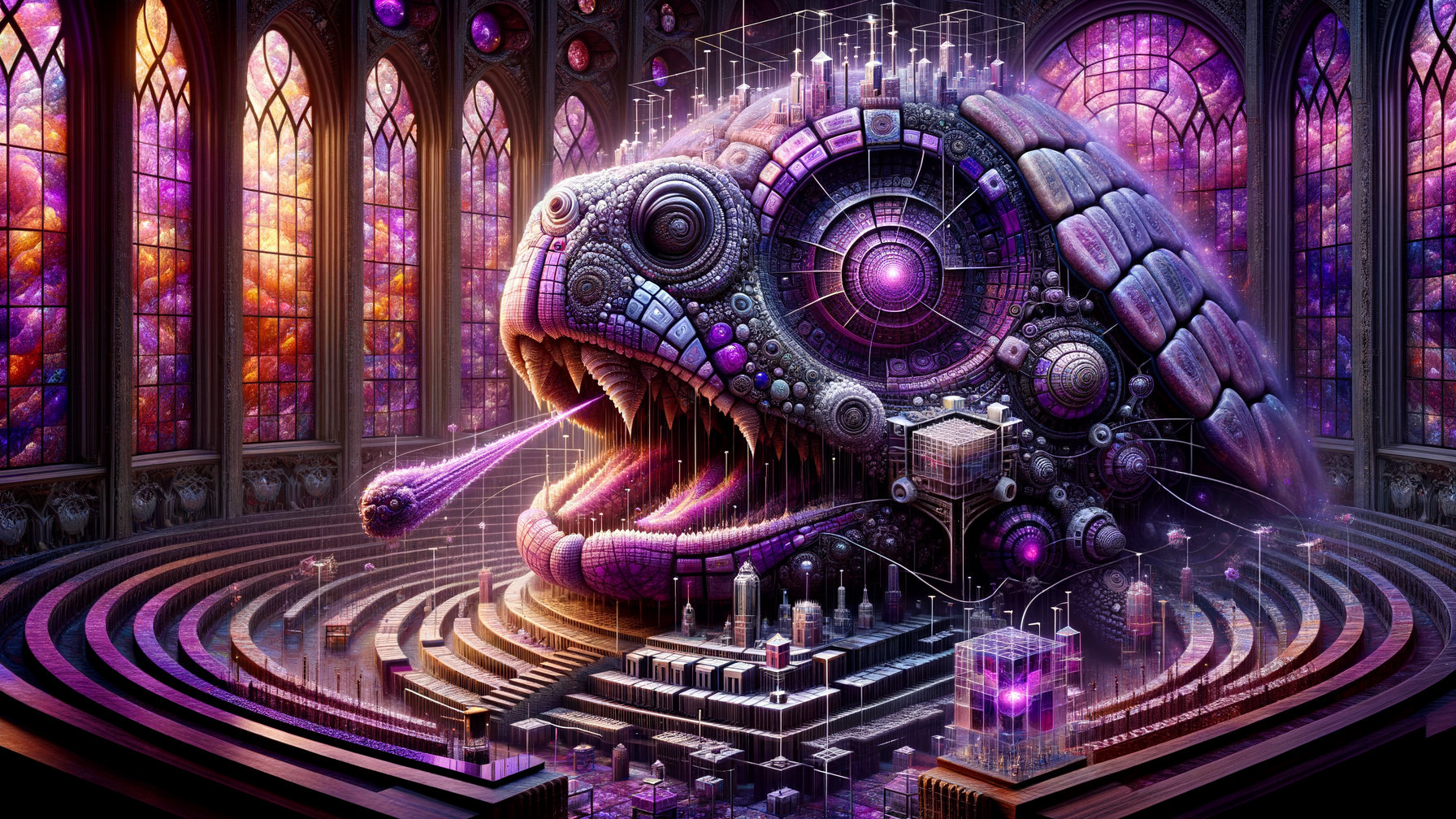 Intricate Serpent Head in Cathedral-Like Space