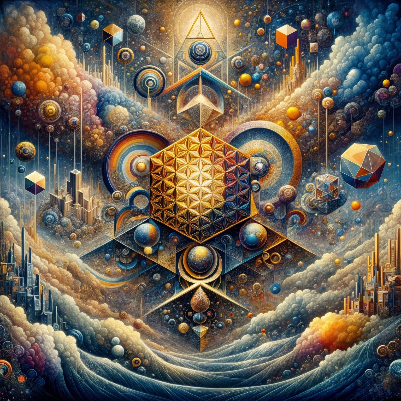 Intricate Cosmic Landscape with Geometric Shapes