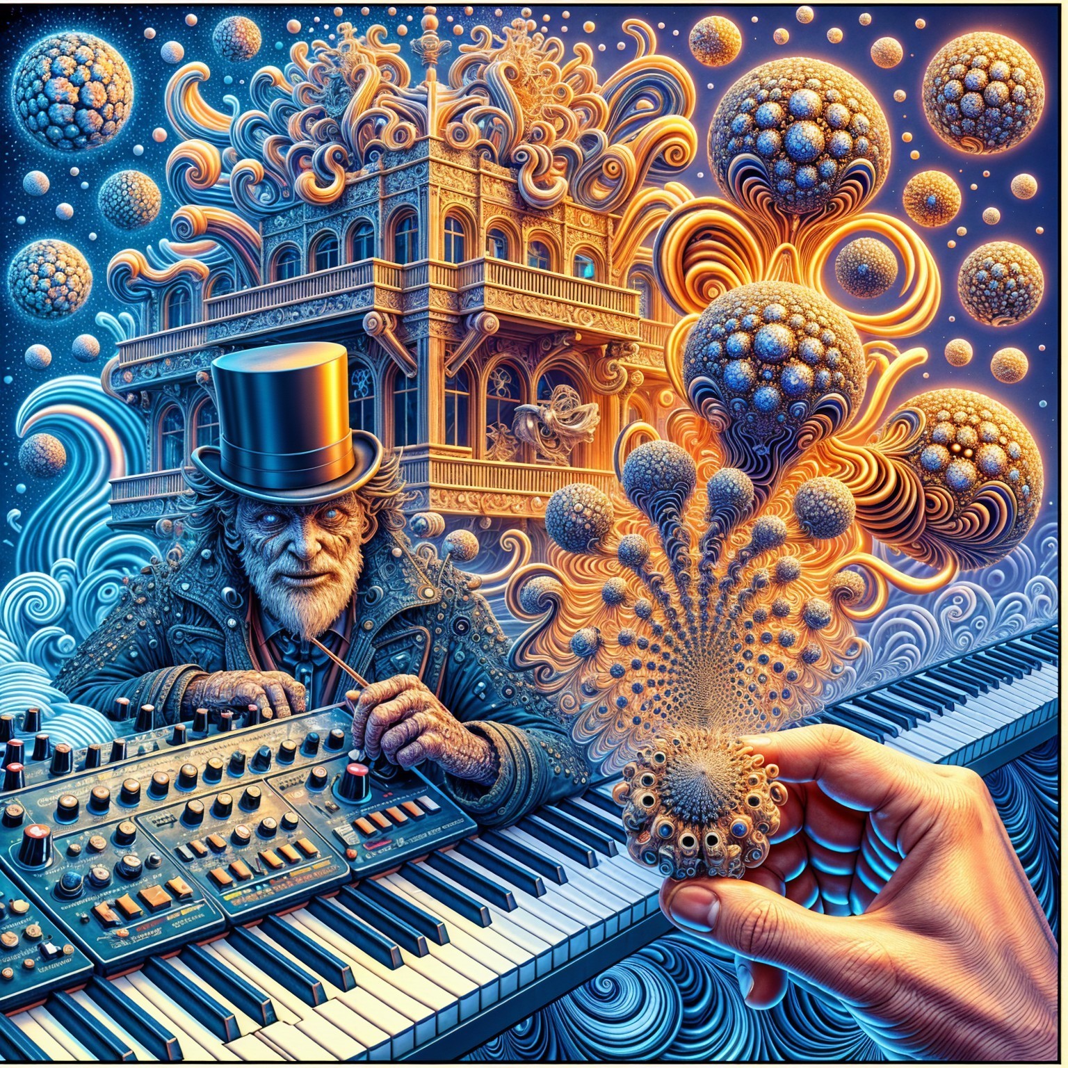 Surreal Scene of a Man Playing Synthesizer with Fractals