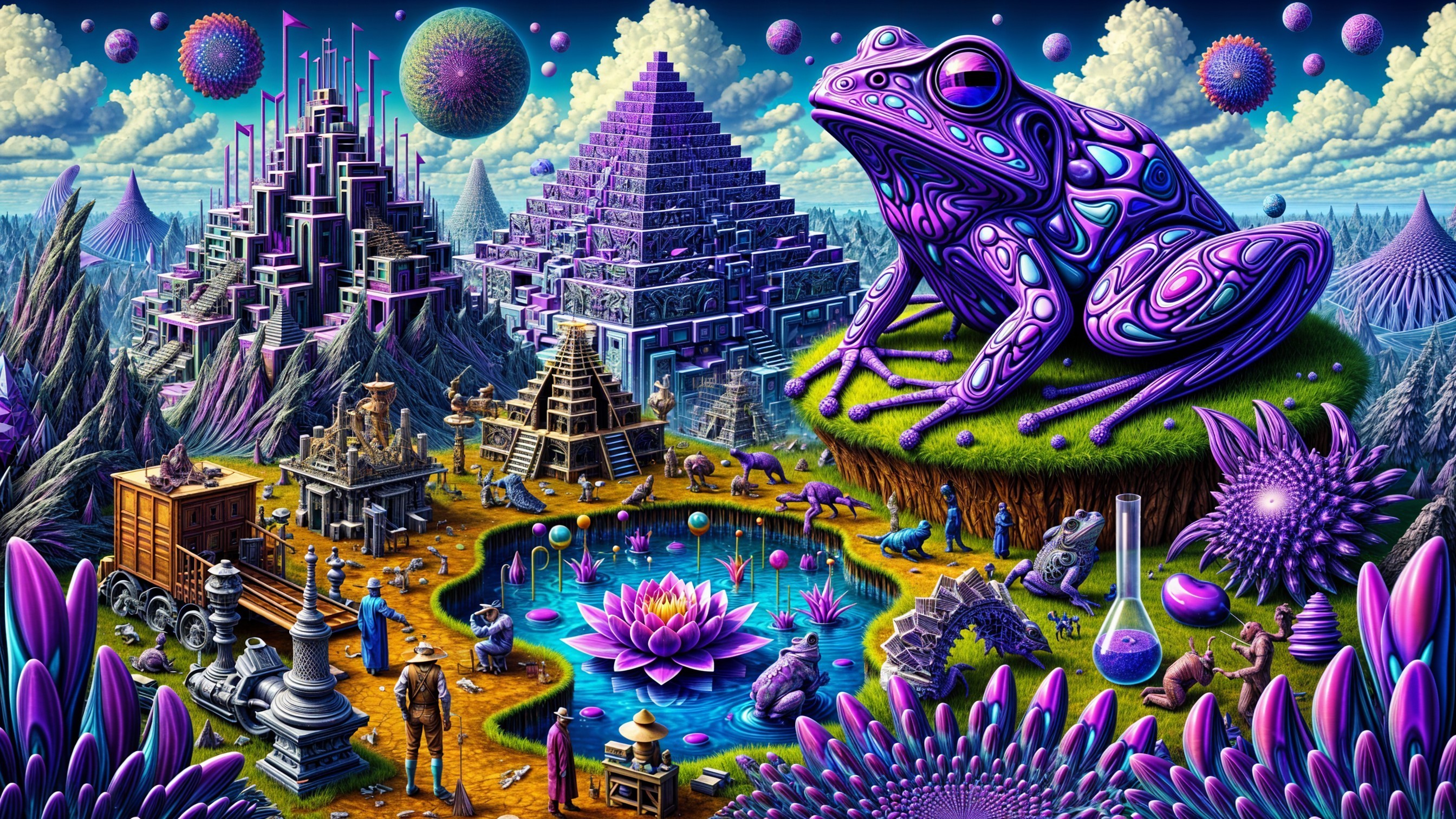 Surreal Landscape with Purple Frog and Fantasy Elements