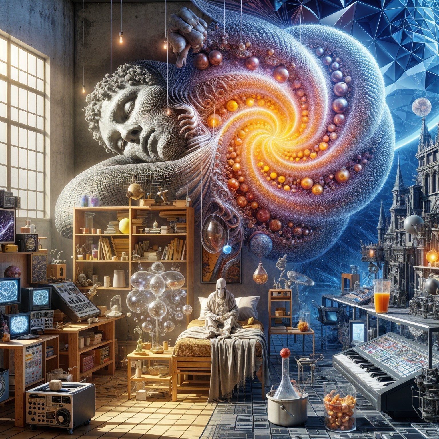 Surreal Room with Cosmic Energy and Vintage Gadgets