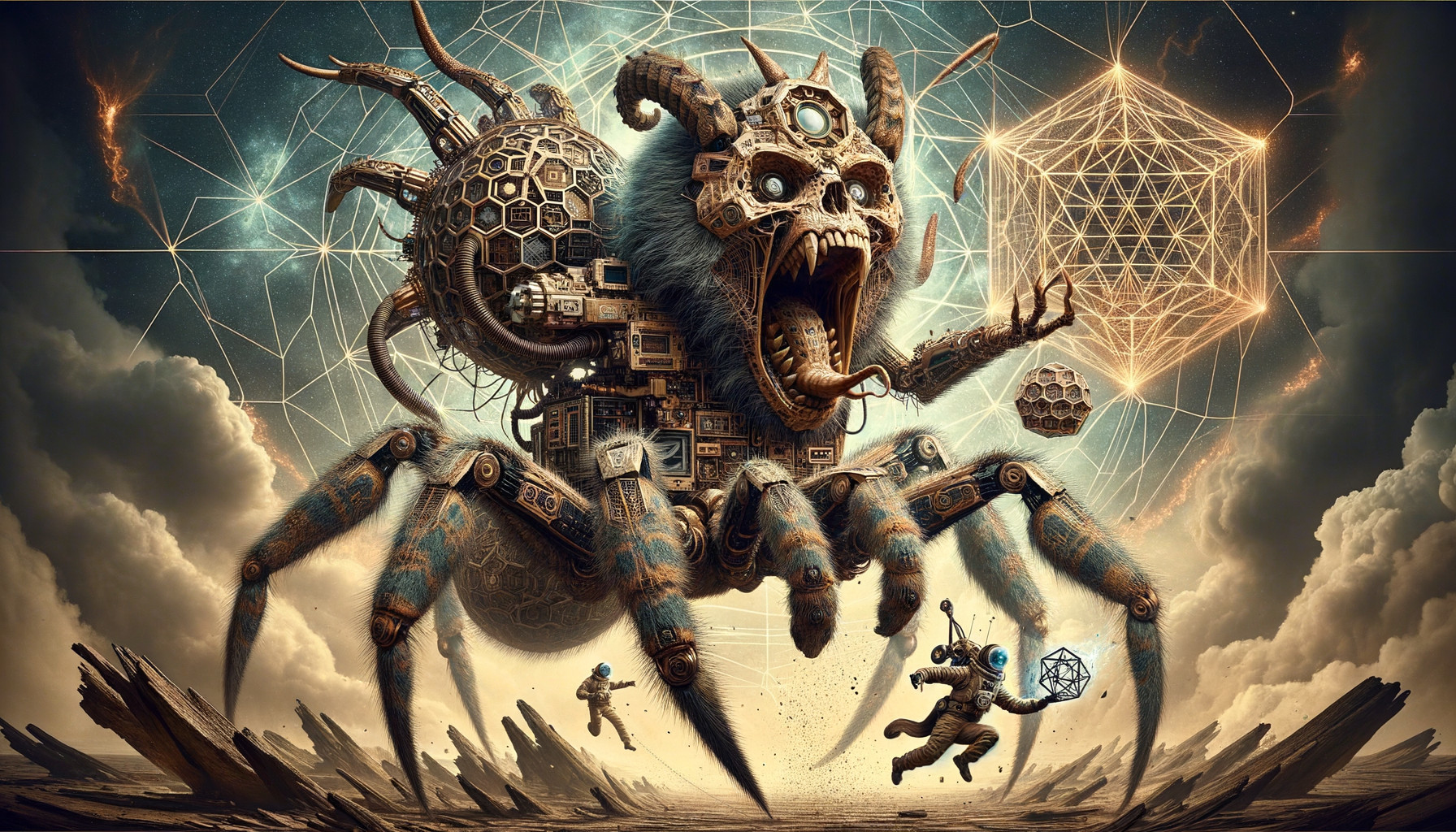 Mechanical Spider in Surreal Landscape with Astronauts