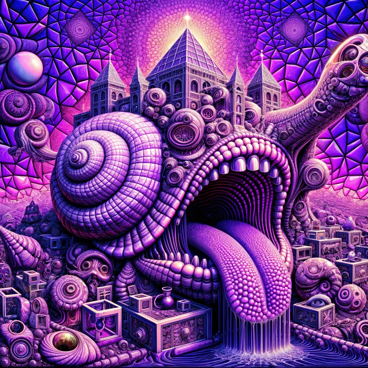 Surreal Landscape with Whimsical Creature and Pyramid