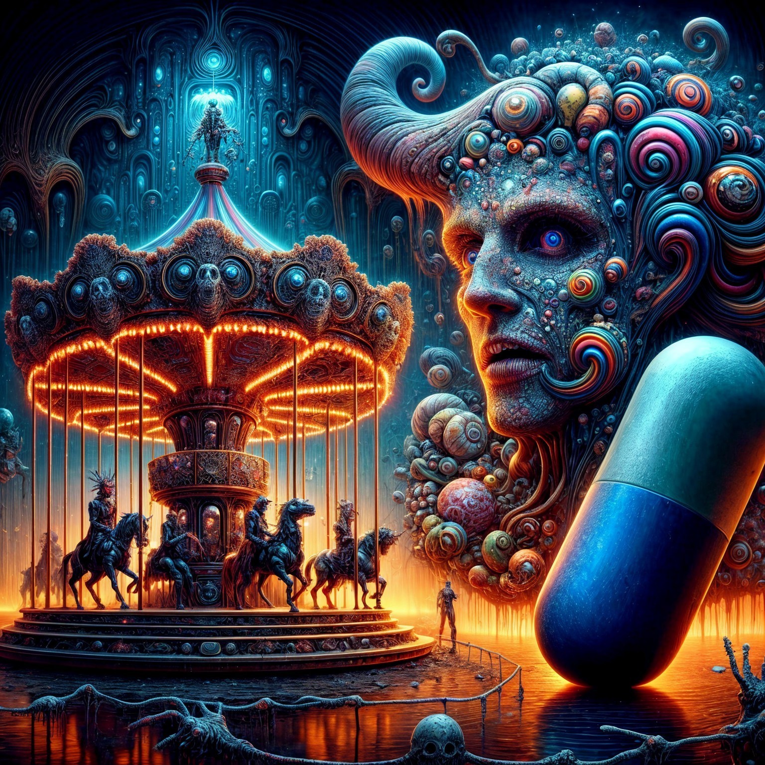 Surreal Digital Artwork of a Vibrant Carousel Scene