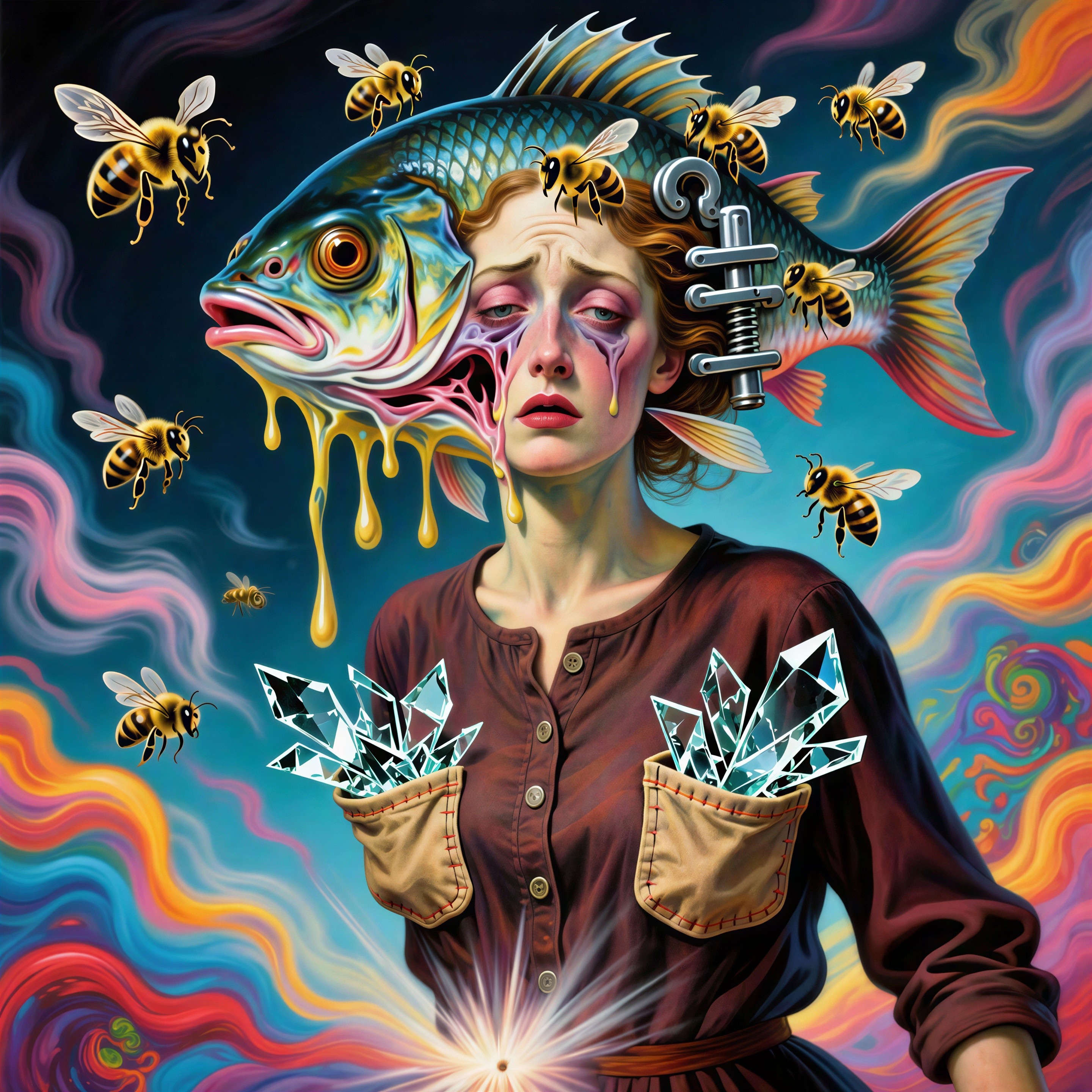 Surreal Illustration of Woman with Fish Head and Crystals