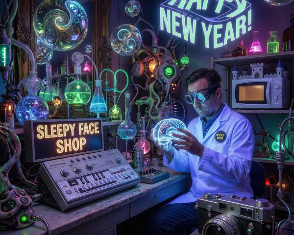 Psychedelic New Year's Laboratory Scene with Holographic Brain