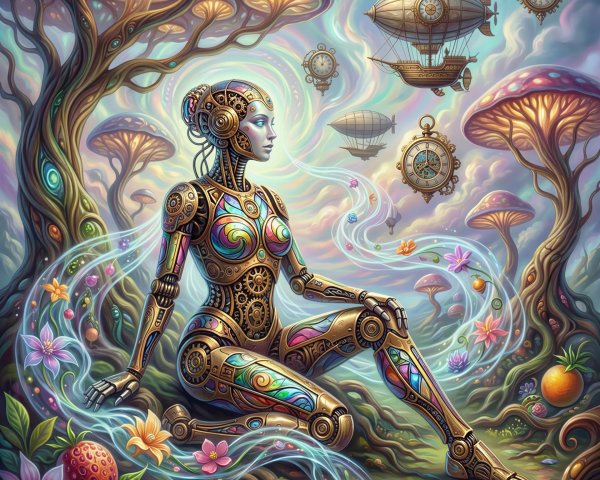 Fantasy Digital Painting of a Female Cyborg in Wonderland