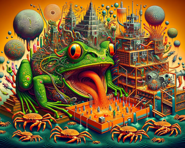 Surreal Landscape Featuring Giant Green Frog and Structures