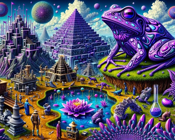 Surreal Landscape with Purple Frog and Fantasy Elements