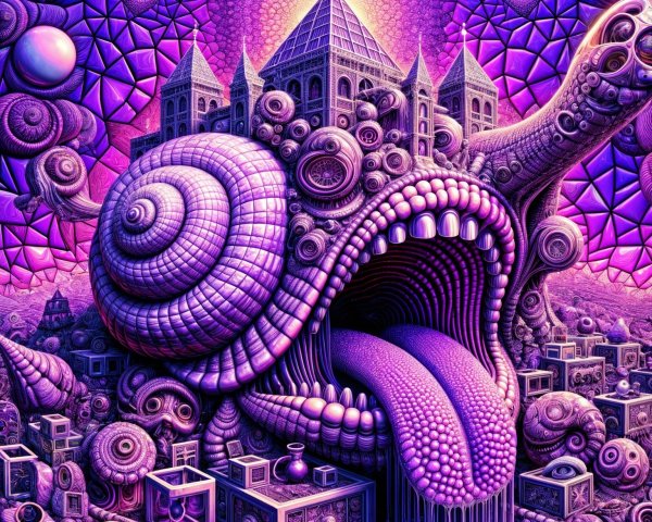 Surreal Landscape with Whimsical Creature and Pyramid