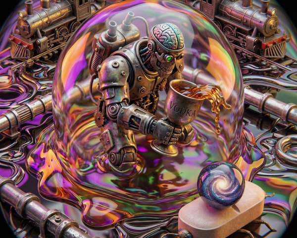 Steampunk Robot in Transparent Bubble with Goblet and Liquid