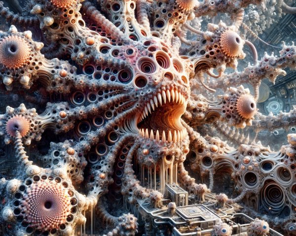 Surreal creature with elongated limbs and sharp teeth