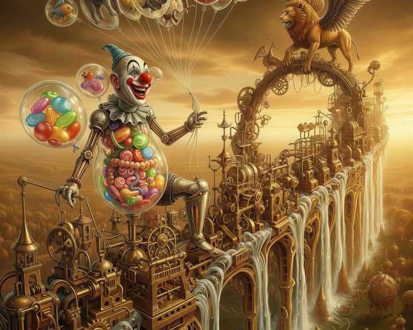 Steampunk Landscape with Robotic Clown and Bridge