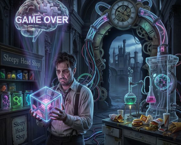 Weary Man Holding Glowing Cube in Sci-Fi Laboratory