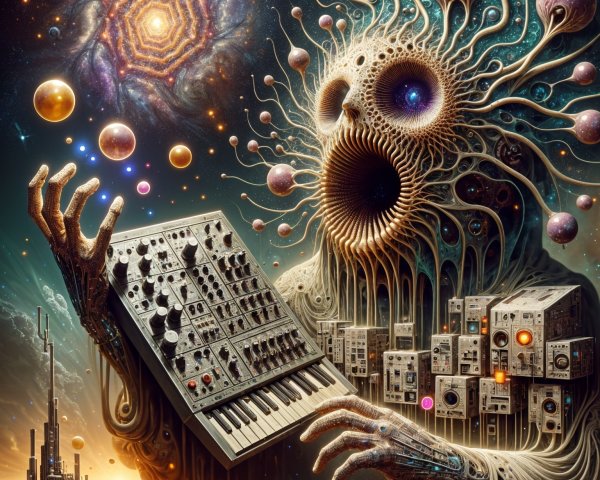 Surreal Cosmic Figure with Synth Keyboard in Galaxy