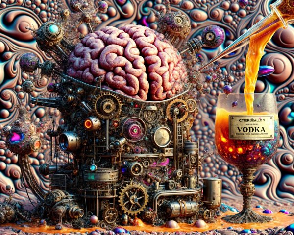 Surreal Steampunk Scene with Mechanical Brain and Vodka