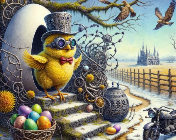 Fluffy Chick in Top Hat at Ornate Egg Structure