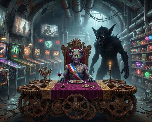 Steampunk Dungeon with Horned Demon and Shadowy Monster