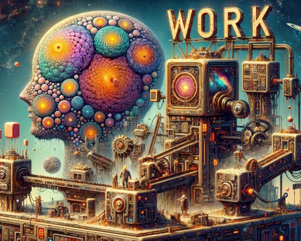 Surreal Landscape with Colossal Colorful Head and Machines