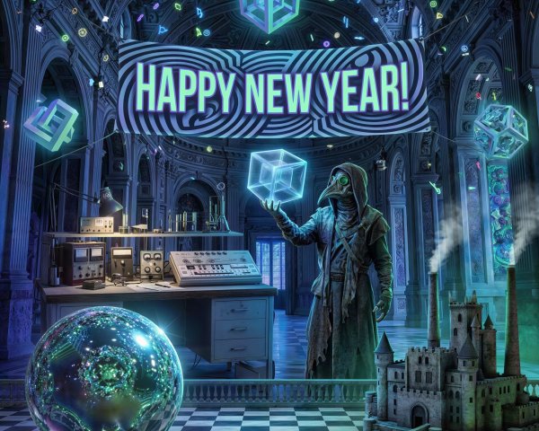 Ornate Room with Plague Doctor and Glowing Shapes