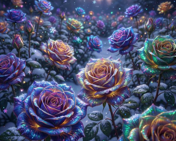 Iridescent Roses in Snowy Winter Forest Scene
