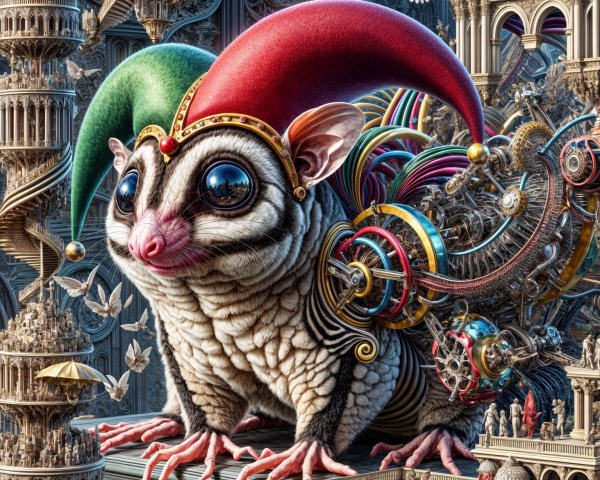 Whimsical Creature in Surreal Landscape with Doves