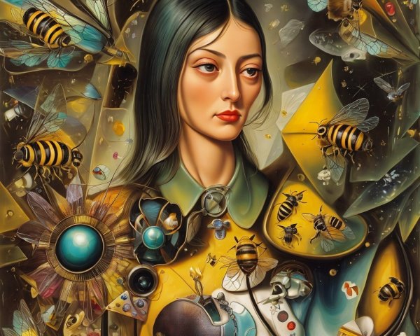 Woman with Black Hair Surrounded by Bees and Flowers