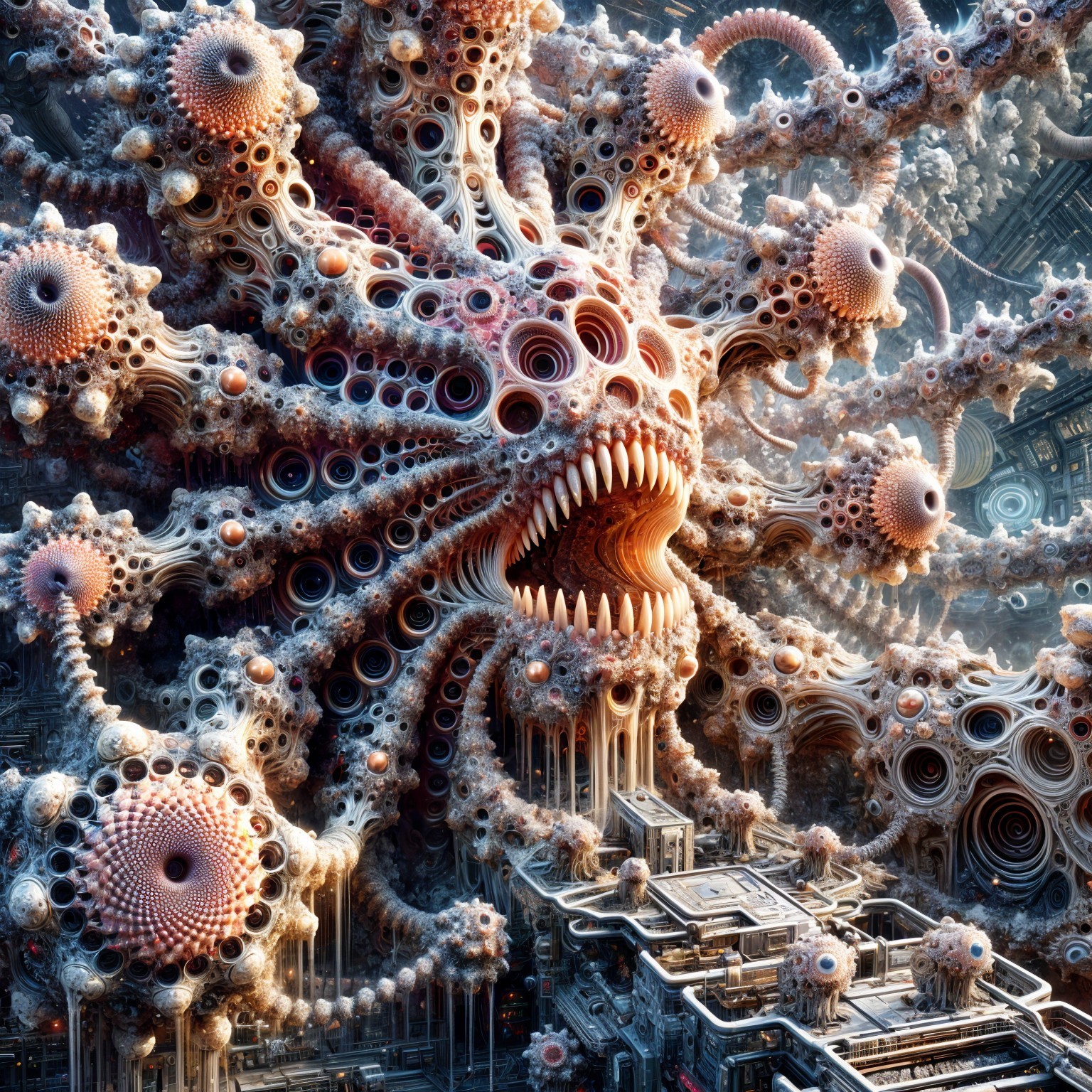 Surreal creature with elongated limbs and sharp teeth