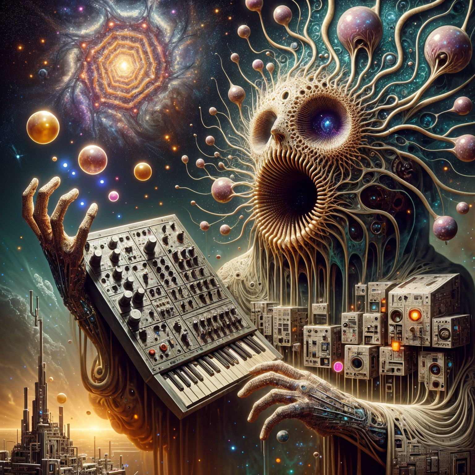 Surreal Cosmic Figure with Synth Keyboard in Galaxy