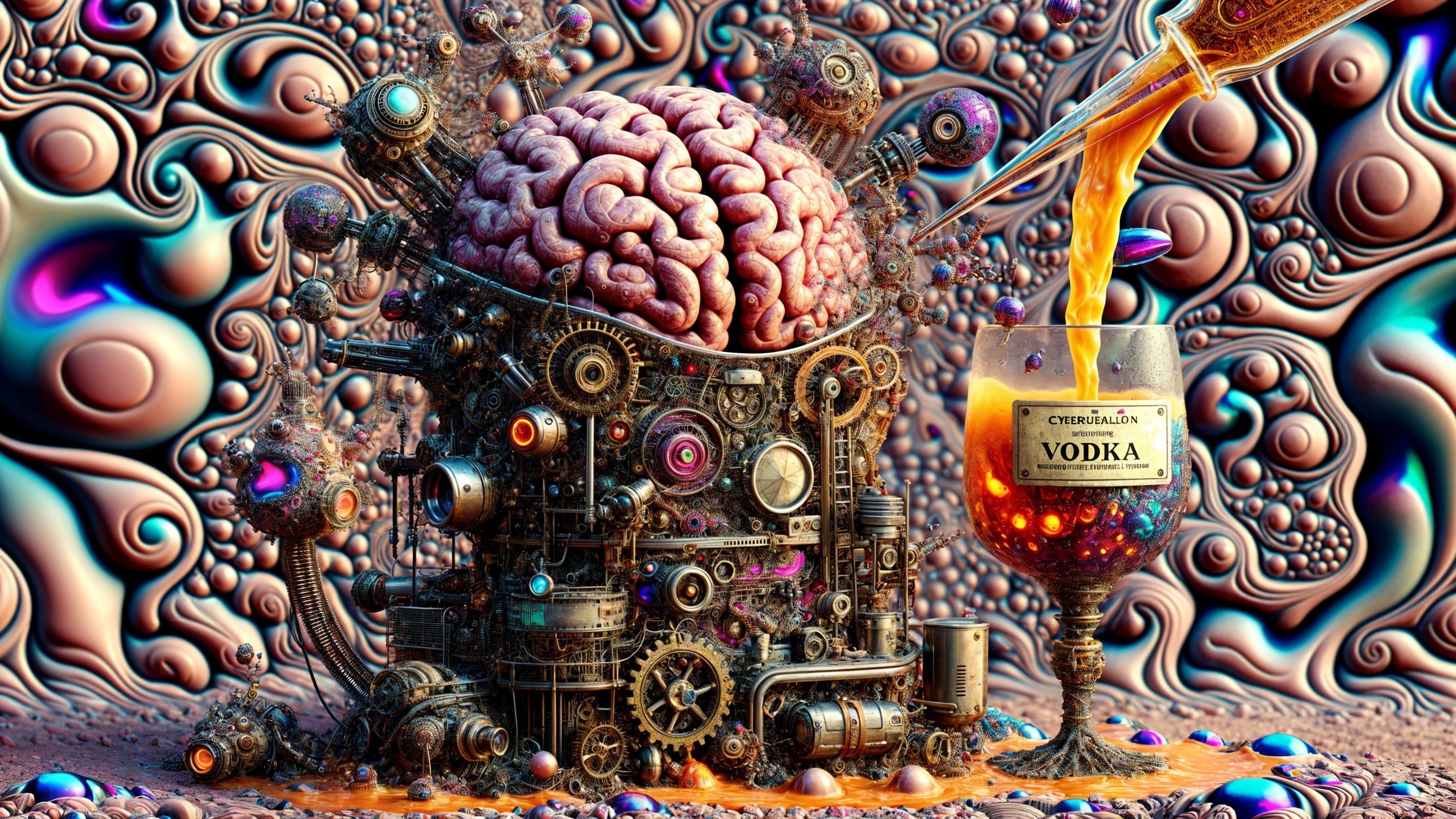 Surreal Steampunk Scene with Mechanical Brain and Vodka