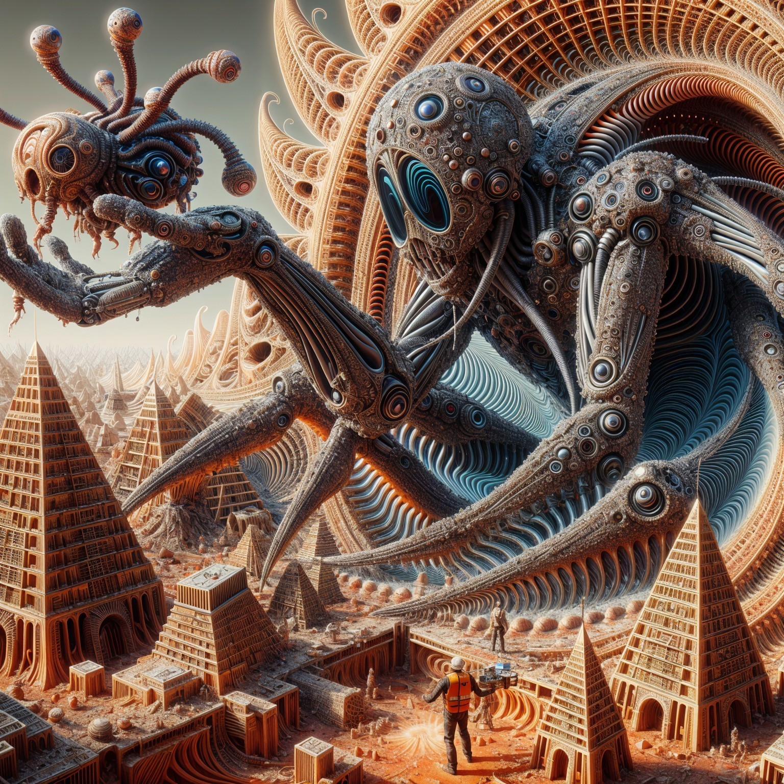 Futuristic Sci-Fi Desert Scene with Biomechanical Creatures