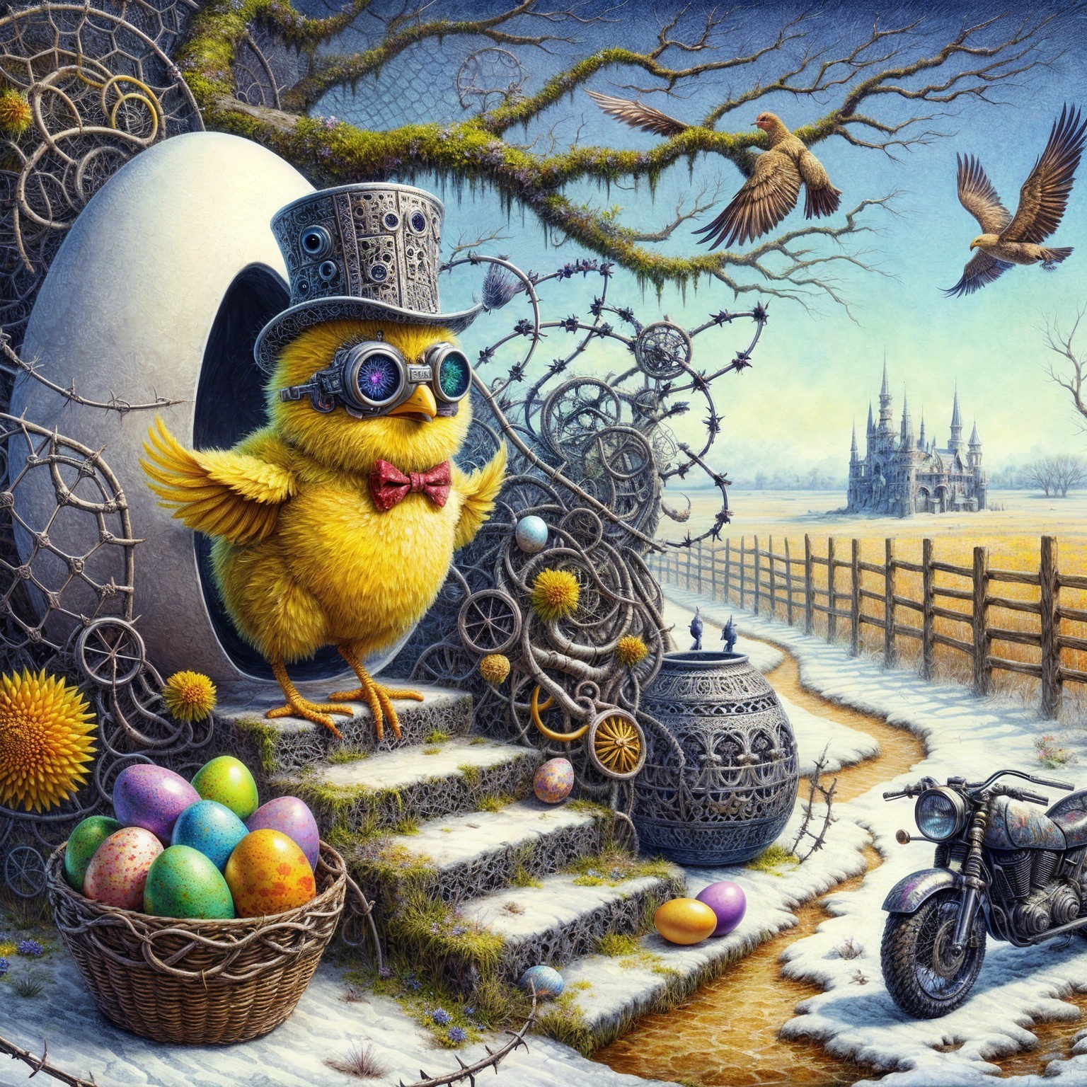 Fluffy Chick in Top Hat at Ornate Egg Structure