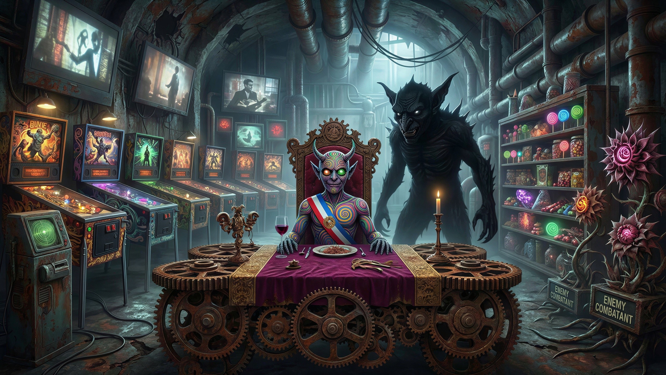 Steampunk Dungeon with Horned Demon and Shadowy Monster