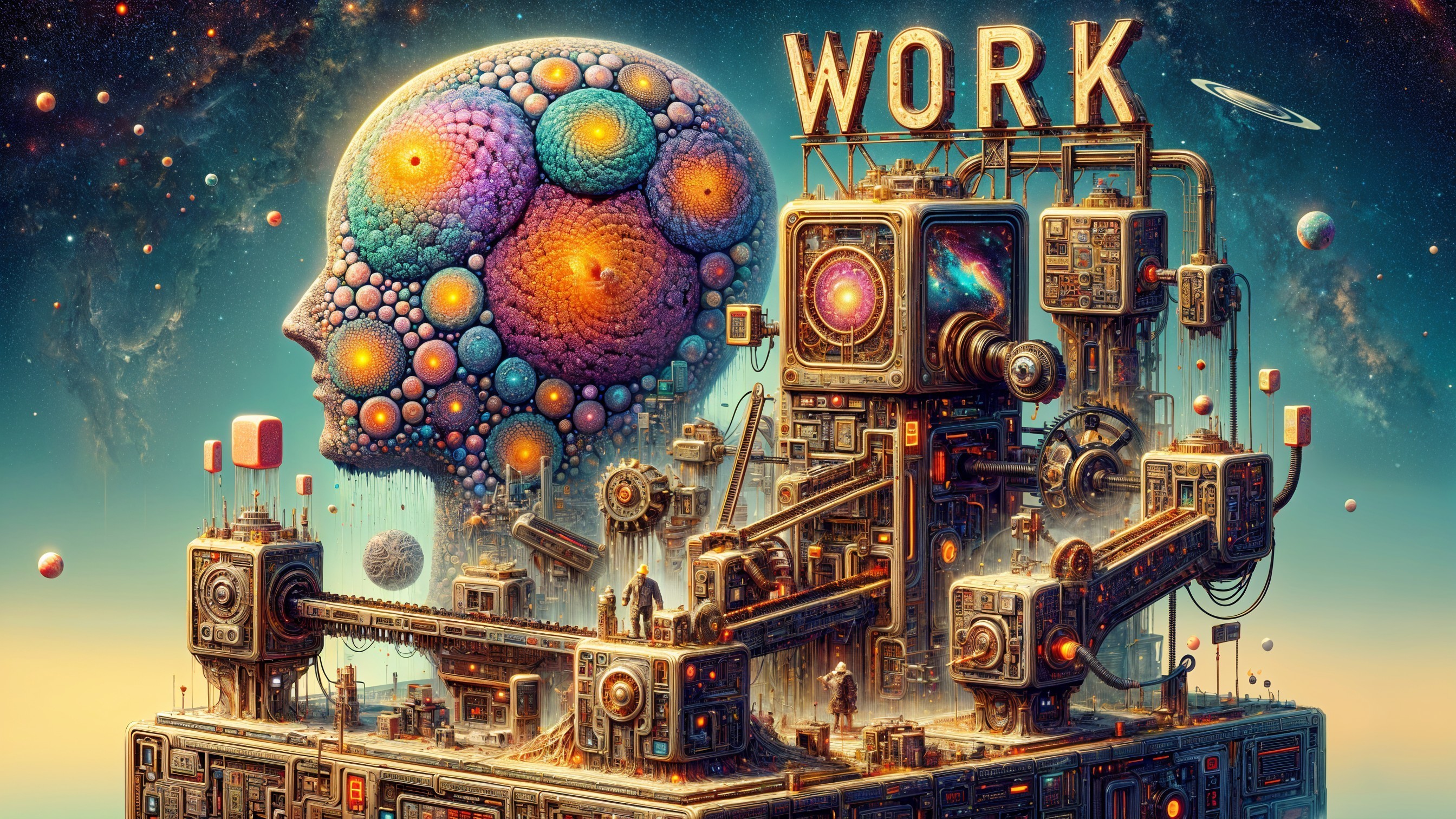 Surreal Landscape with Colossal Colorful Head and Machines