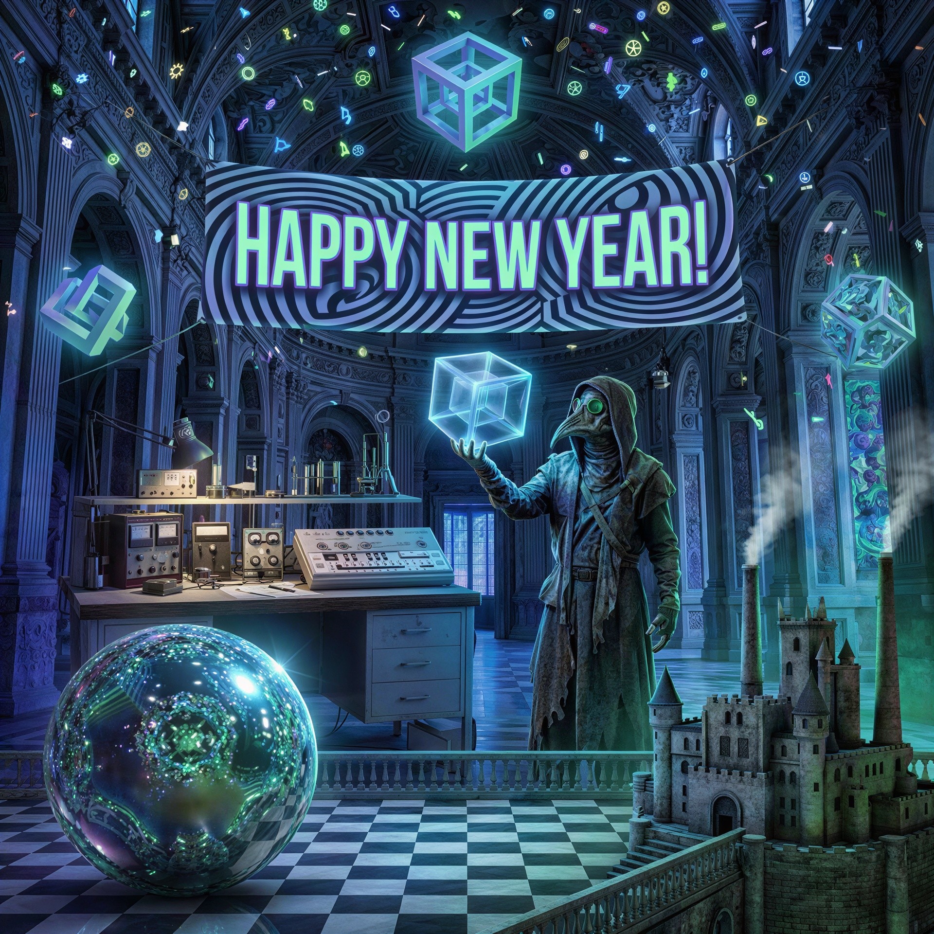 Ornate Room with Plague Doctor and Glowing Shapes