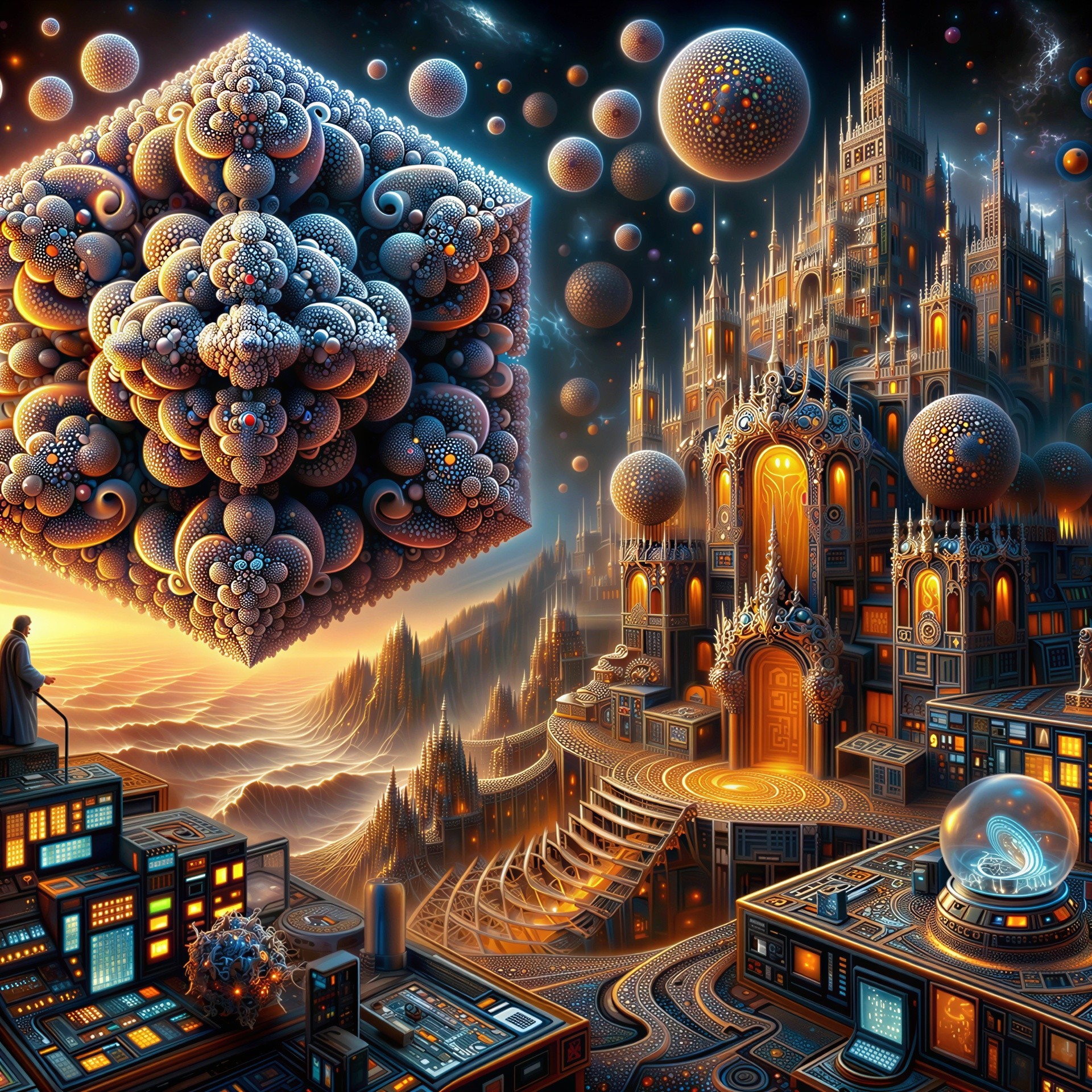 Surreal Landscape with Ornate Floating Cube and Castle