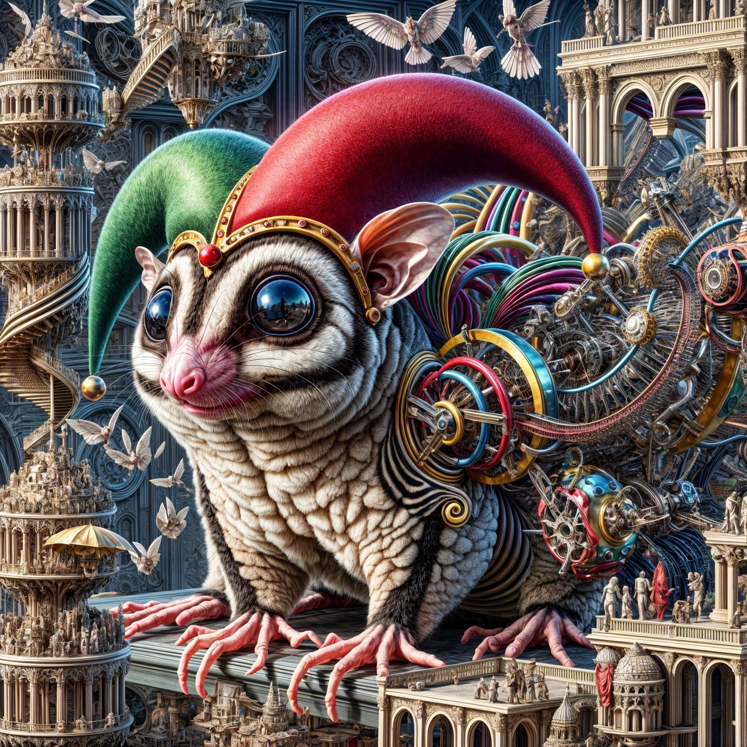 Whimsical Creature in Surreal Landscape with Doves