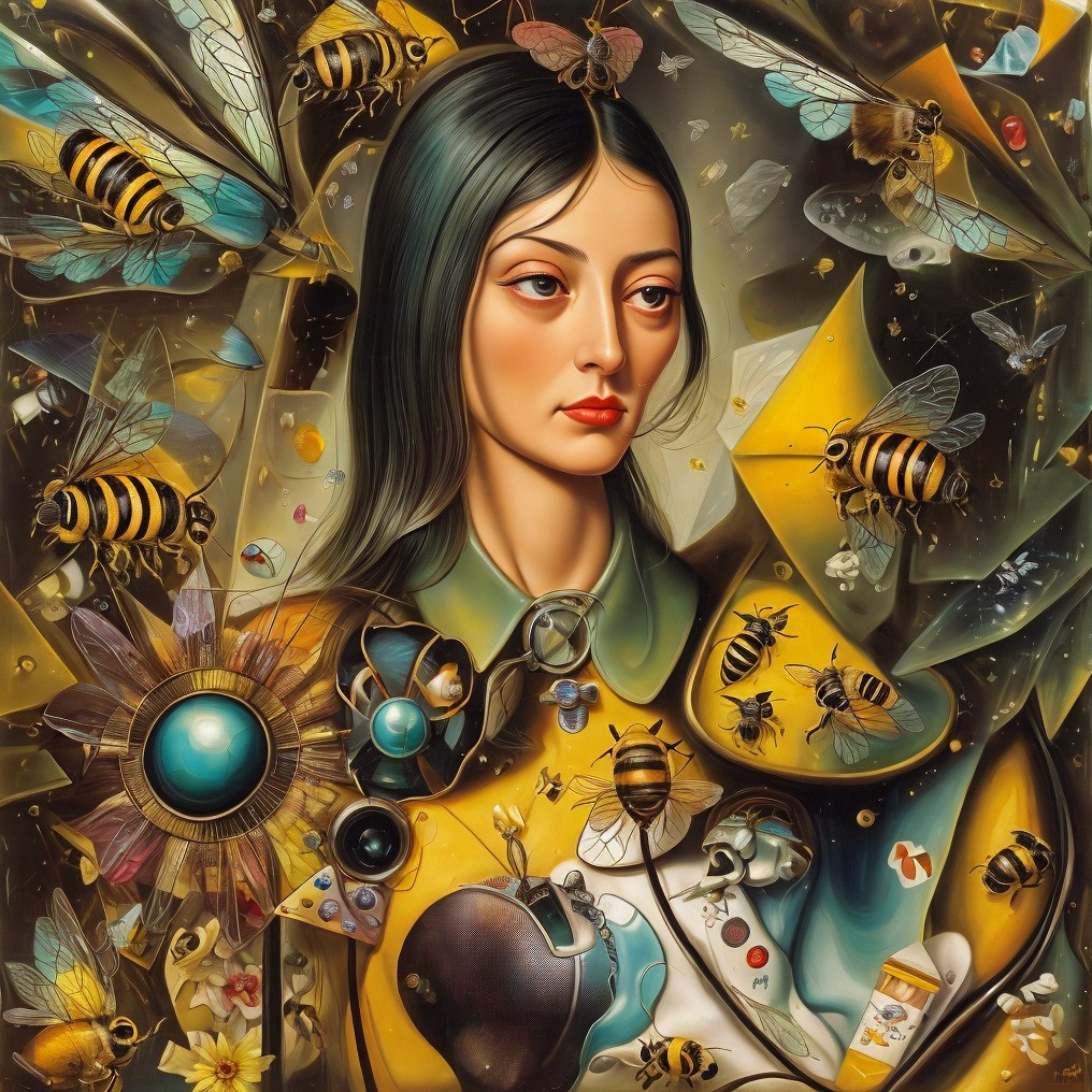 Woman with Black Hair Surrounded by Bees and Flowers