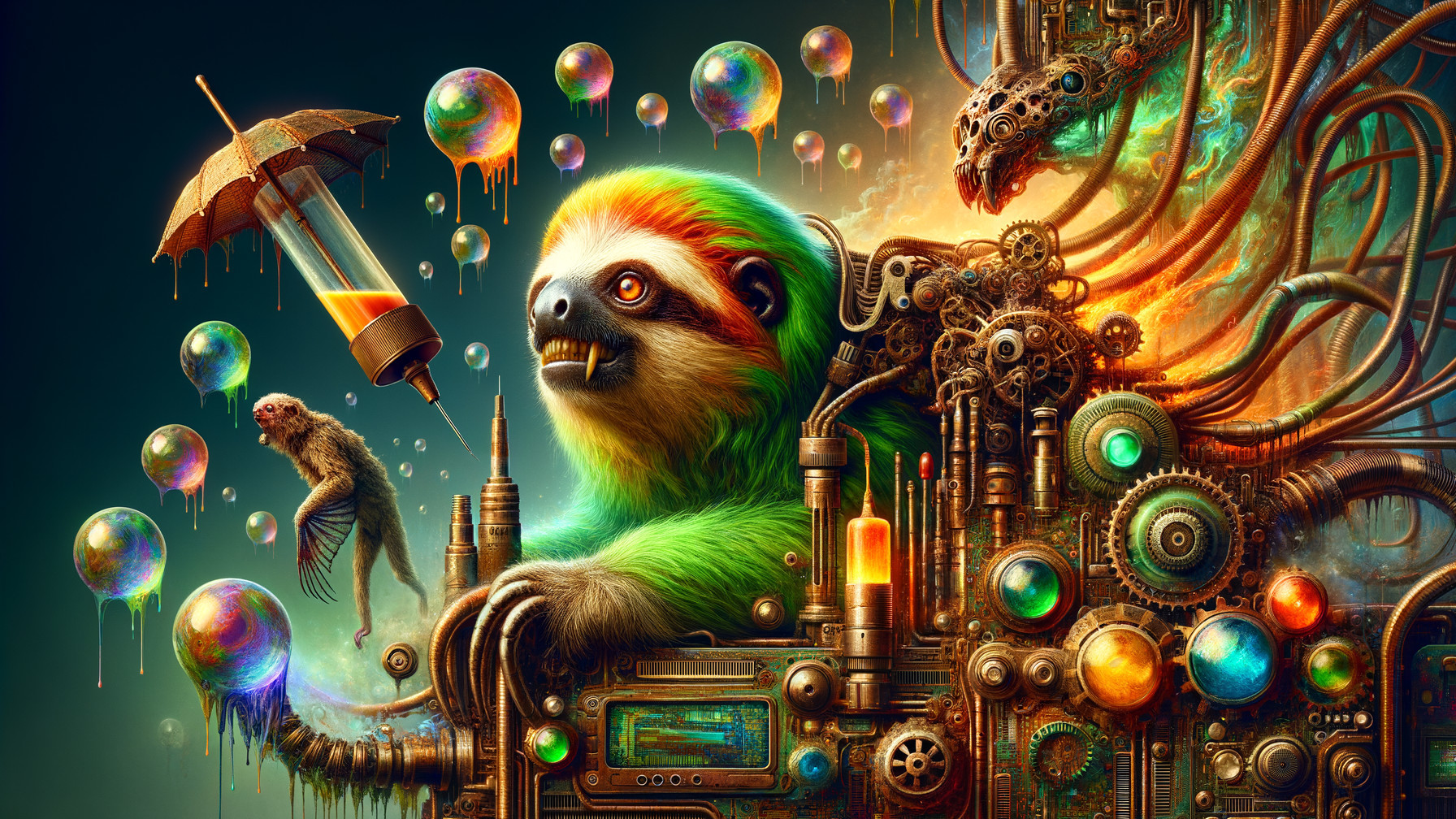 Psychedelic Sloth with Steampunk Machine and Umbrella