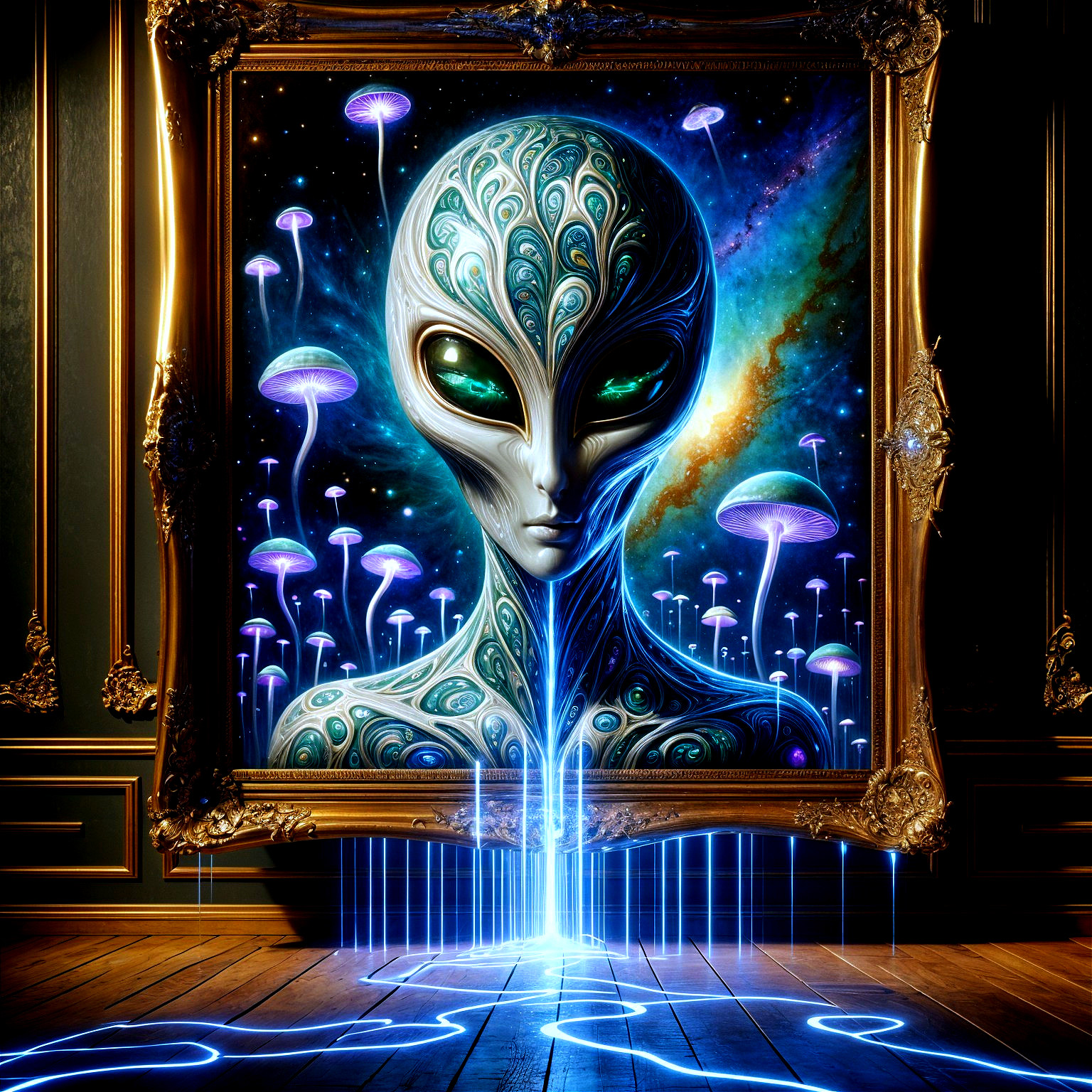 Alien Figure in Ornate Frame with Cosmic Background