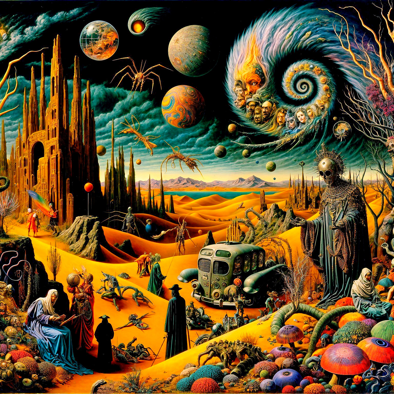 Surreal Landscape with Celestial Bodies and Creatures