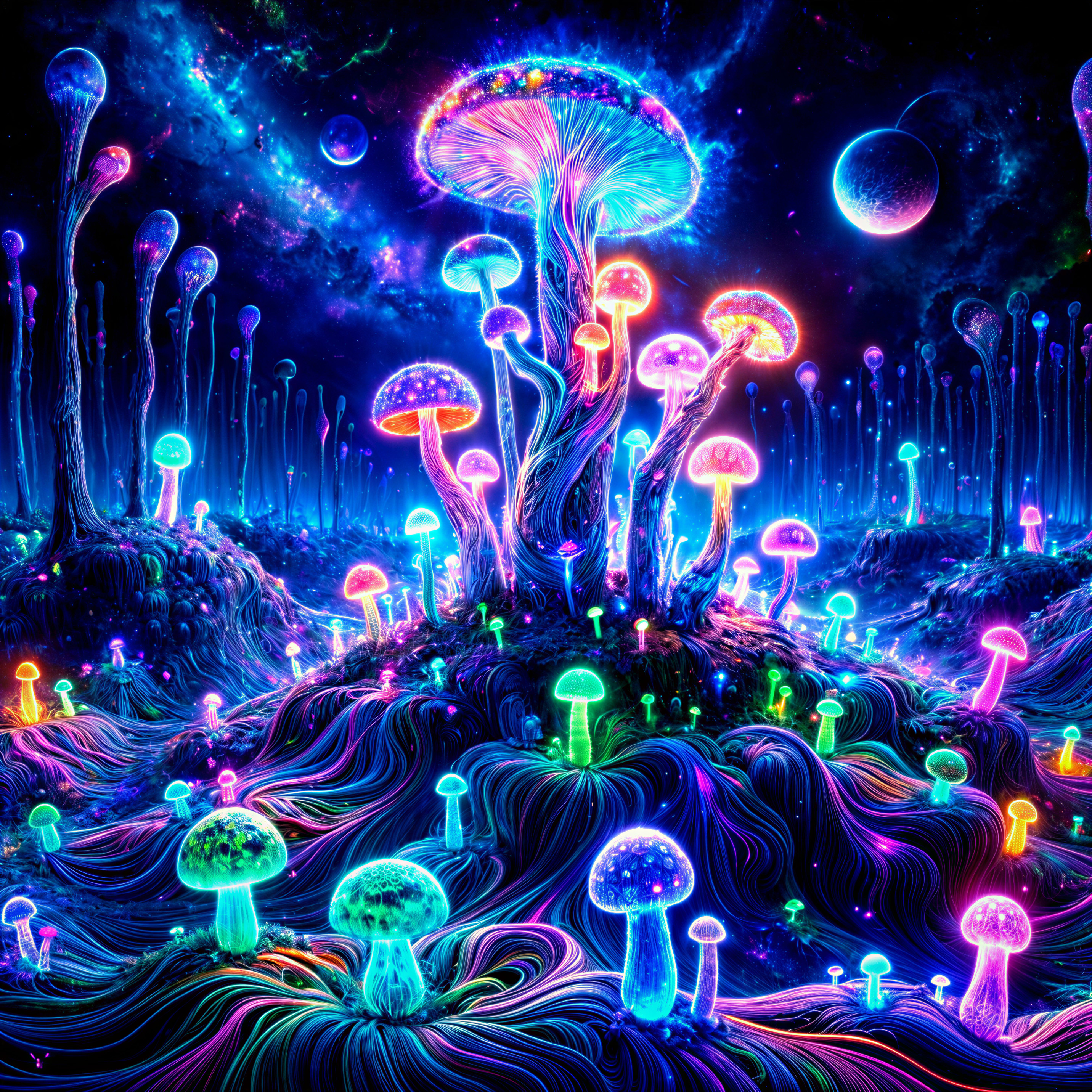 Vibrant Otherworldly Landscape with Luminous Mushrooms