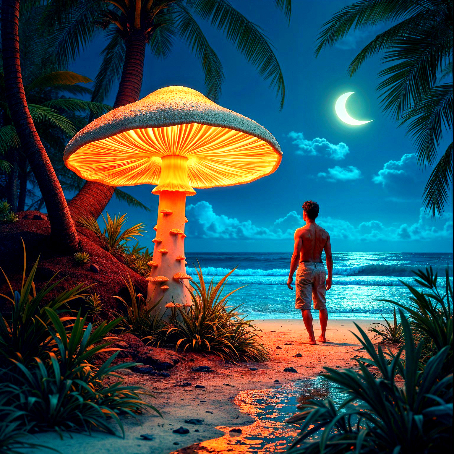 Surreal Beach Scene with Glowing Mushroom and Moon