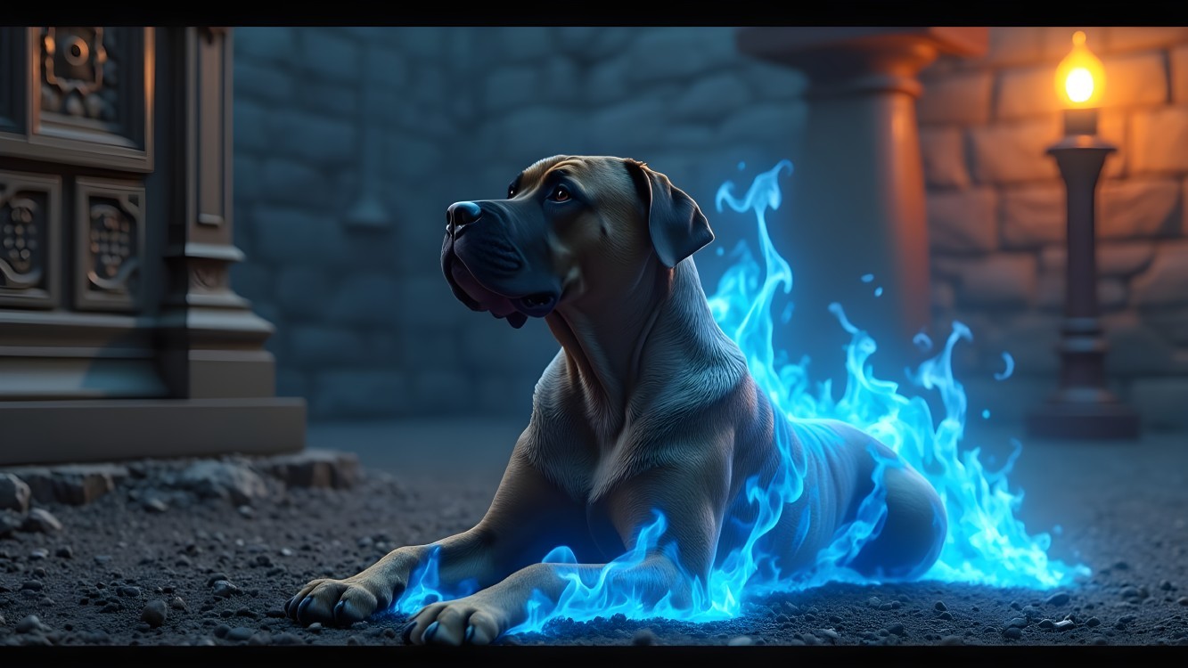 Majestic dog with blue flame in stone chamber
