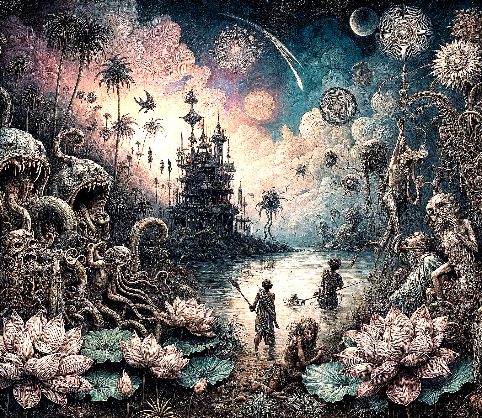 Surreal Landscape with Mystical Water and Creatures